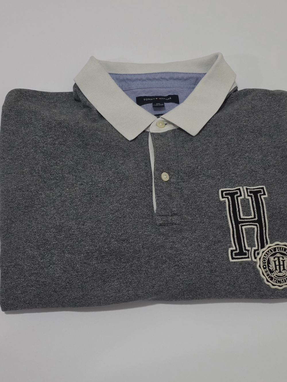 Tommy Hilfiger Grey V-Neck Polo with Light Blue Trim